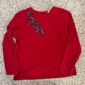 Red Long Sleeve Top with Floral Embellishment